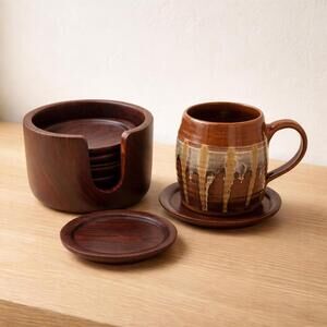 Vintage Wooden Coaster Set with Holder | 12 Round Wood Drink Coasters